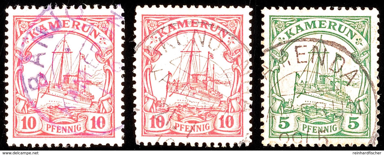 AKONOLINGA 21 1 10, BAMENDA 29 5 Und BANJO 1 9 (violett), Je Fast Zentrisch Auf 5 Und 2mal 10 Pf. Kaiseryacht, Katalog:  - Kameroen