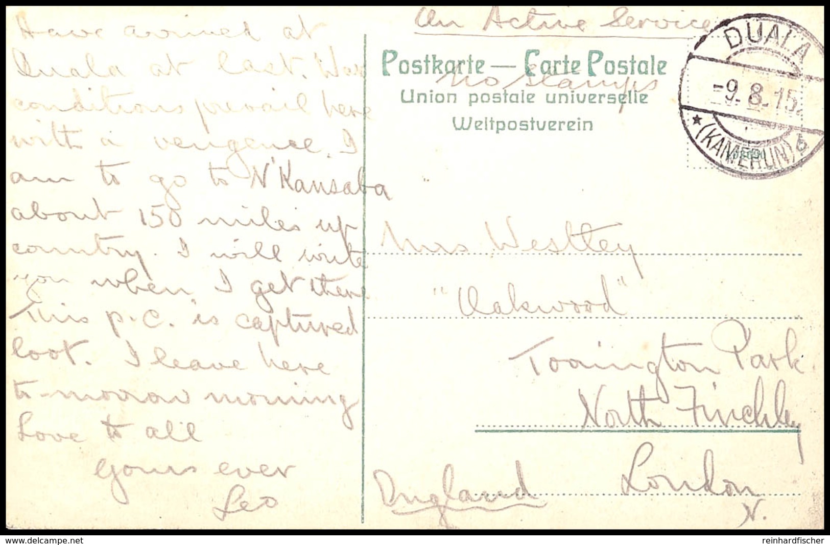 DUALA KAMERUN 9.8.15, Klarer Abschlag Auf Portofreier Postkarte "An Active Service" Mit Viel Text Nach England, Pracht   - Cameroun