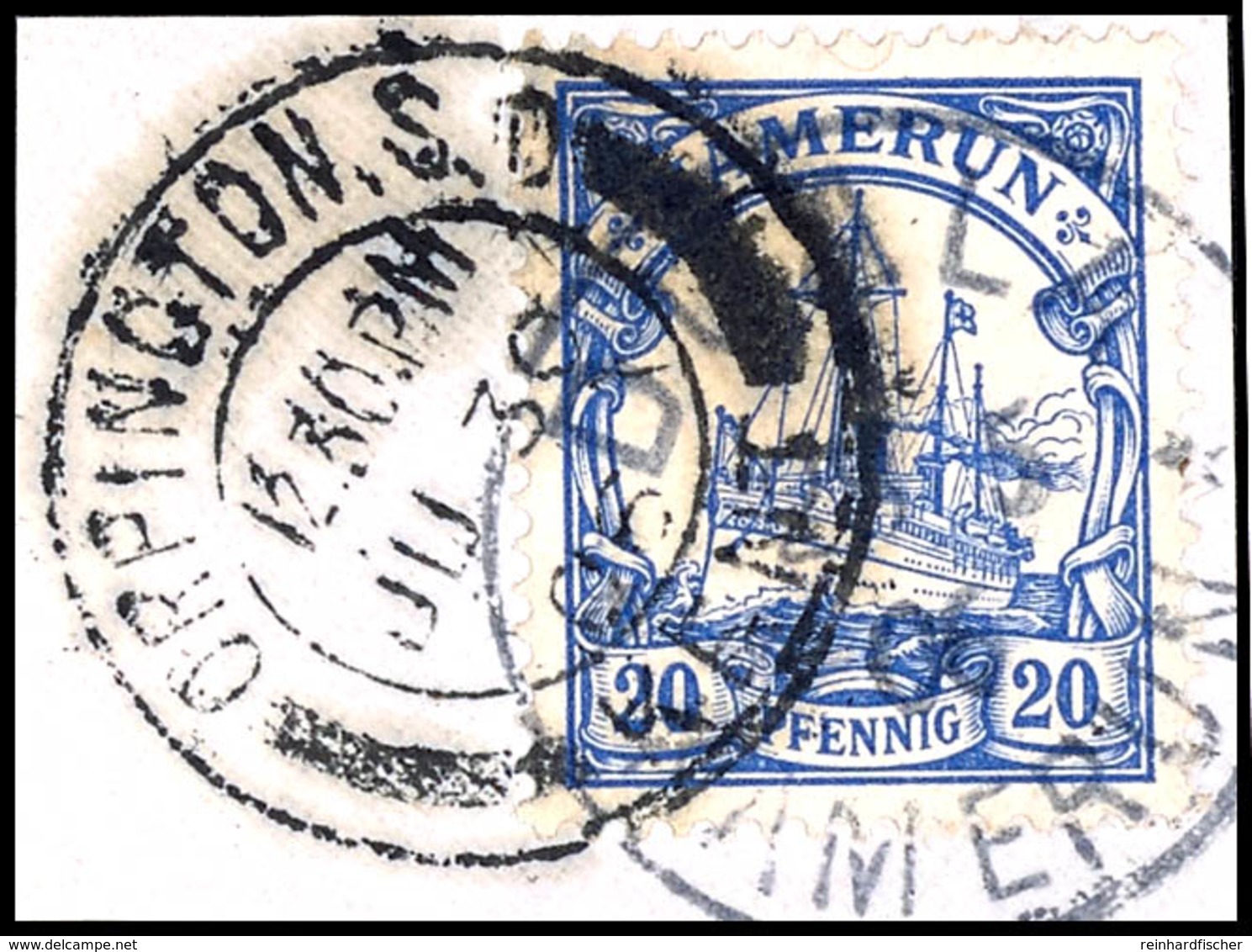 ORPINGTON S. O. JU 30 06 Als Anlandestempel Auf Briefstück Mit Kamerun 20 Pfg Kaiseryacht, Tadellos, Seltener Stempel  B - Kamerun