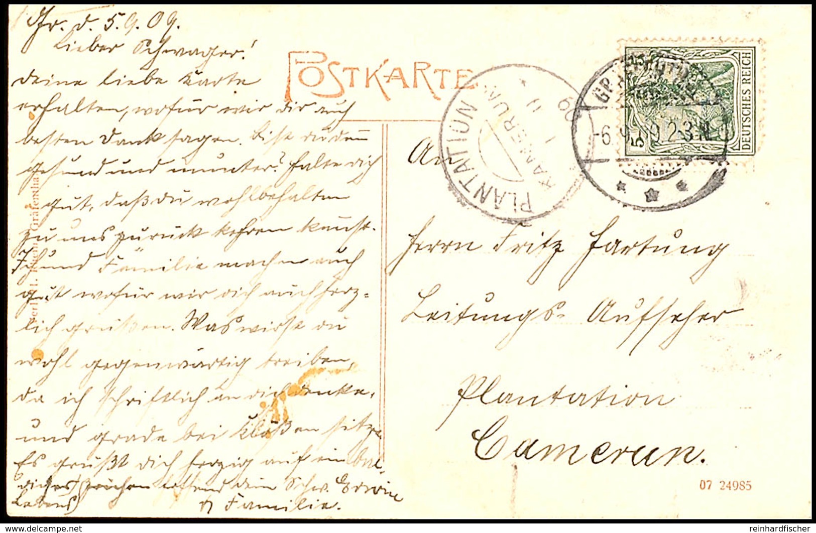 PLANTATION KAMERUN 1.10.09, Klar Als Ak.-Stempel Auf AK Aus Deutschland Mit 5 Pfg Germania (Eckfehler), Karte Unten Mit  - Kameroen