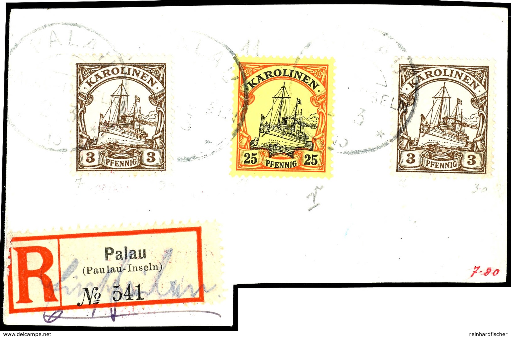 PALAU, 3 Pfennig Braun, Zwei Exemplare Und 25 Pfennig Orange/schwarz Auf Hellgelb Auf Großem Tadellosen Briefstück Mit E - Carolinen