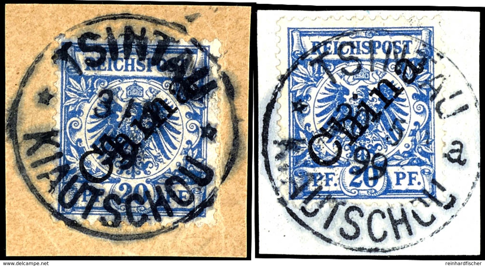 20 Pfennig Blau, Diagonaler Aufdruck, Zwei Kabinettbriefstücke Mit Stempel "TSINTAU KIAUTSCHOU **" Und "TSINTAU KIAUTSCH - Kiaochow