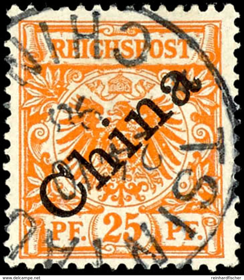 25 Pfennig Gelblichorange, Diagonaler Aufdruck, Tadellose Marke Mit Stempel "TSINTAU KIAUTSCHOU **", Michel 100,-, Katal - Kiaochow