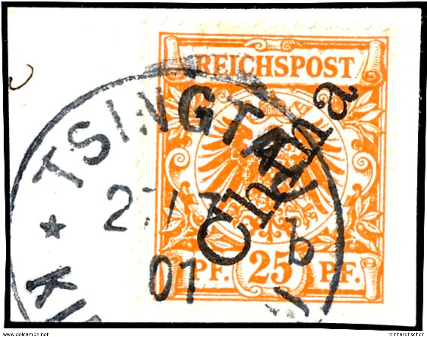 25 Pfennig Dunkelorange, Steiler Aufdruck, Schönes Briefstück Mit Gutem Stempel "TSINGTAU KIAUTSCHOU *b", Geprüft Friede - Kiaochow