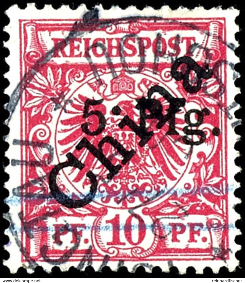 1 Tsingtau-Ausgabe10 Pfennig Krone/Adler, China Diagonal, Aufdruck 5 Pfg. In Type 2, Zwei Blaue Striche, In Dieser Form  - Kiaochow