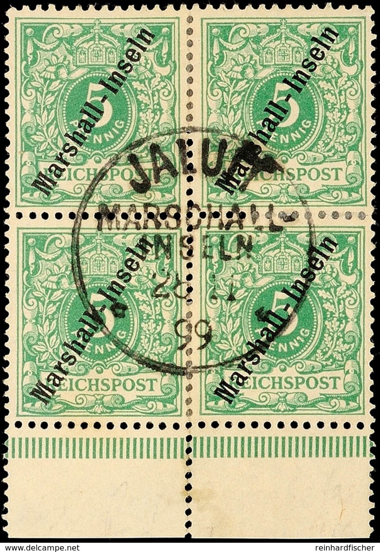 5 Pf. Grün, Viererblock Mit Zentrischem Erstem Stempel Marschall-Inseln(!), (unten Angetrennt), Gepr. Jäschke-Lantelme B - Marshalleilanden