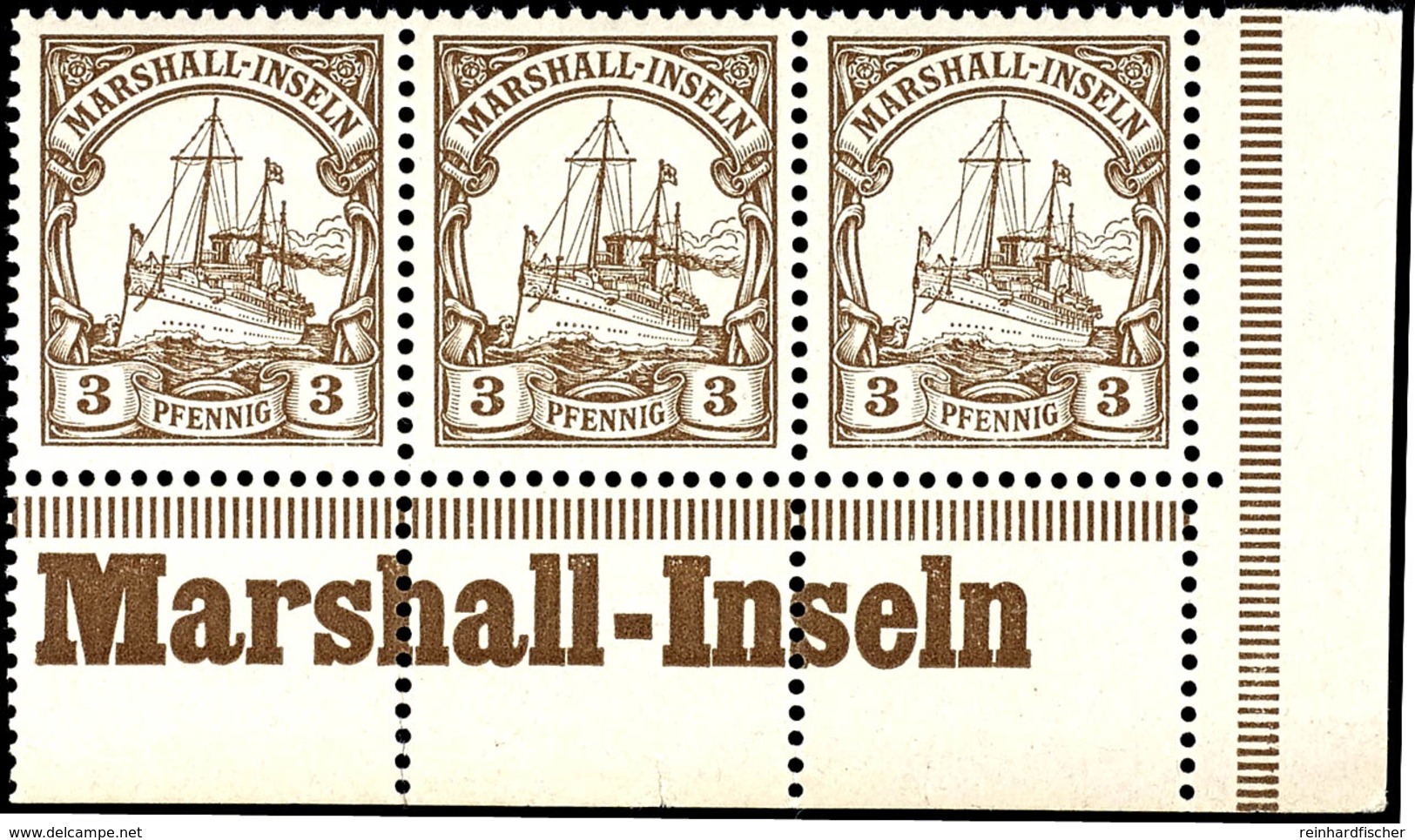 3 Pfg. Kaiseryacht, Waagerechter 3 Er - Streifen Aus Der Rechten Unteren Bogenecke Mit Inschrift "Marshall - Inseln", Po - Marshalleilanden