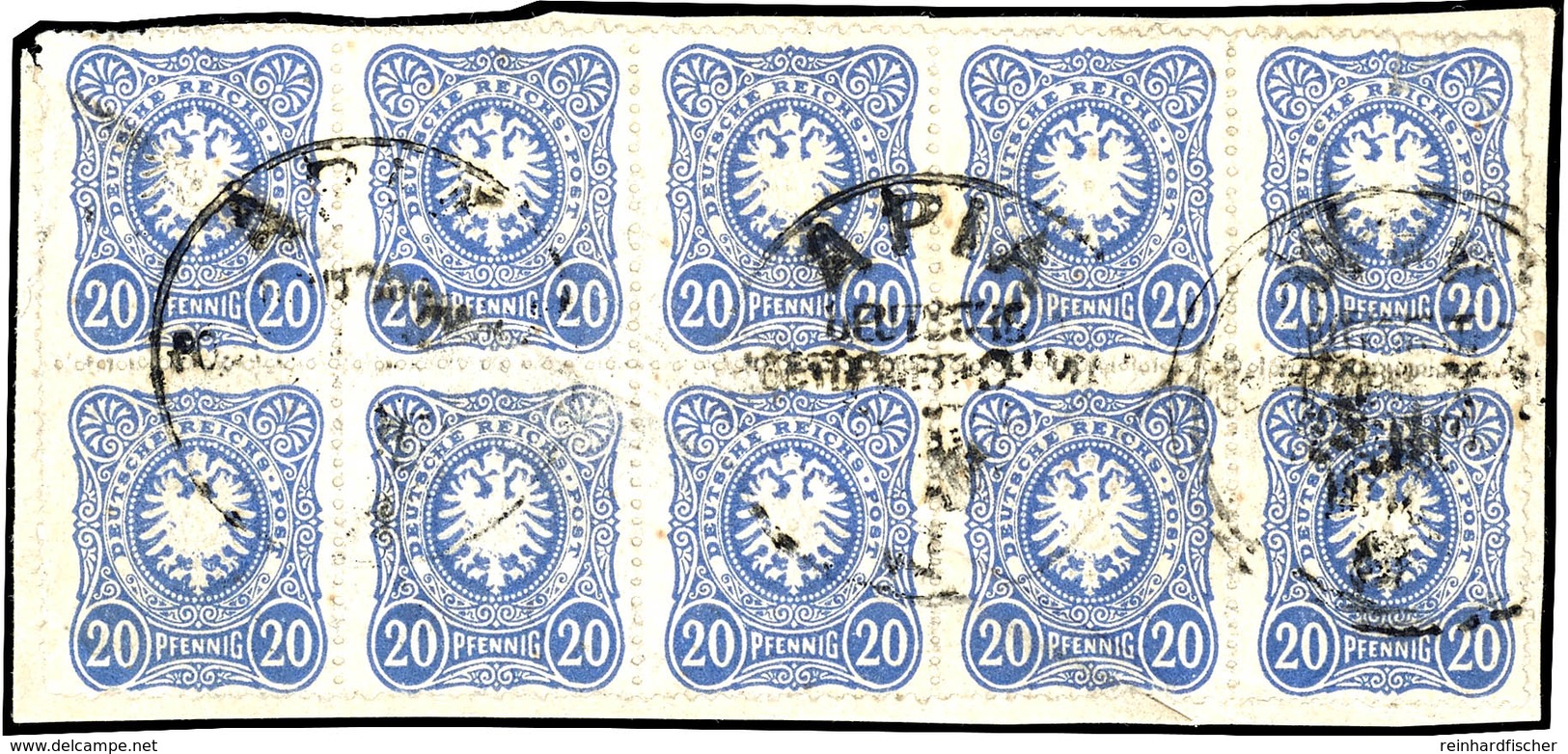 20 Pfennig Mittelultramarin, 10-er Einheit Auf Briefstück, 3 Stempel "APIA DEUTSCHE POSTDAMPFSCHIFFSAGENTUR", Aufklebefa - Samoa