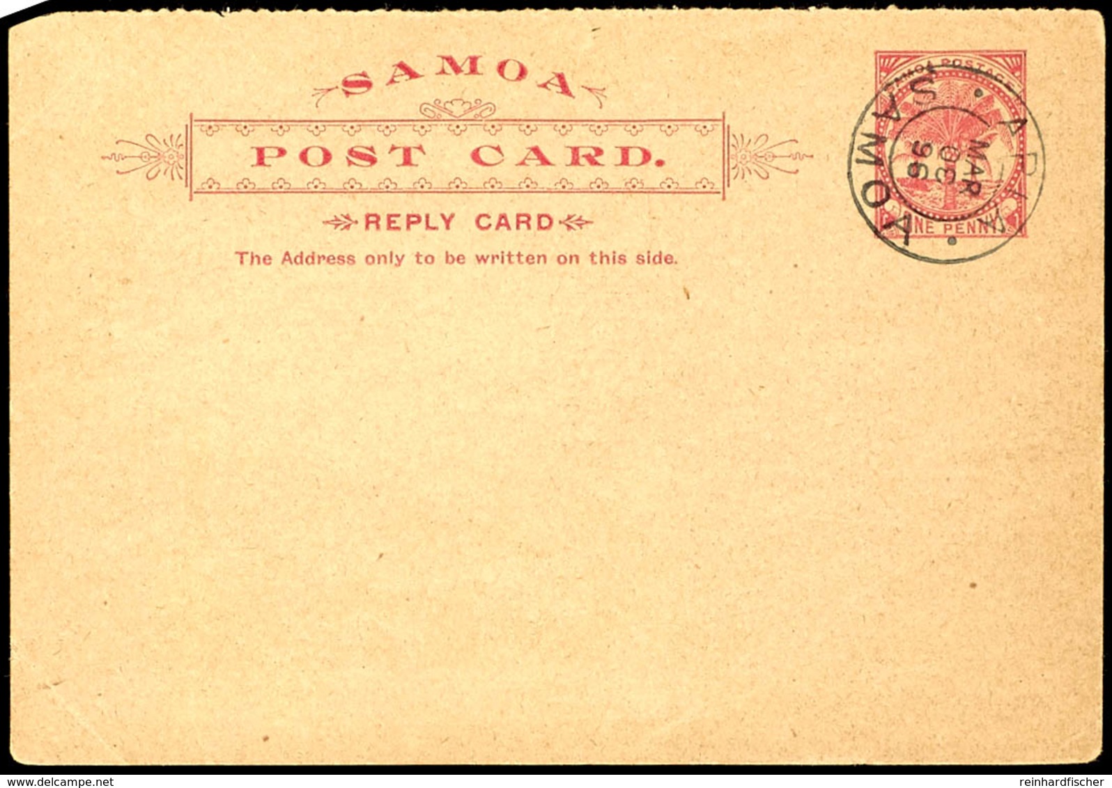 PRIVATPOST: J. Davis, 1 D Blau Rot Ganzsachenkarte Antwortteil, Mit Stempel K2 "APIA MAR 30 96" (Tageseinsatz Kopfstehen - Samoa