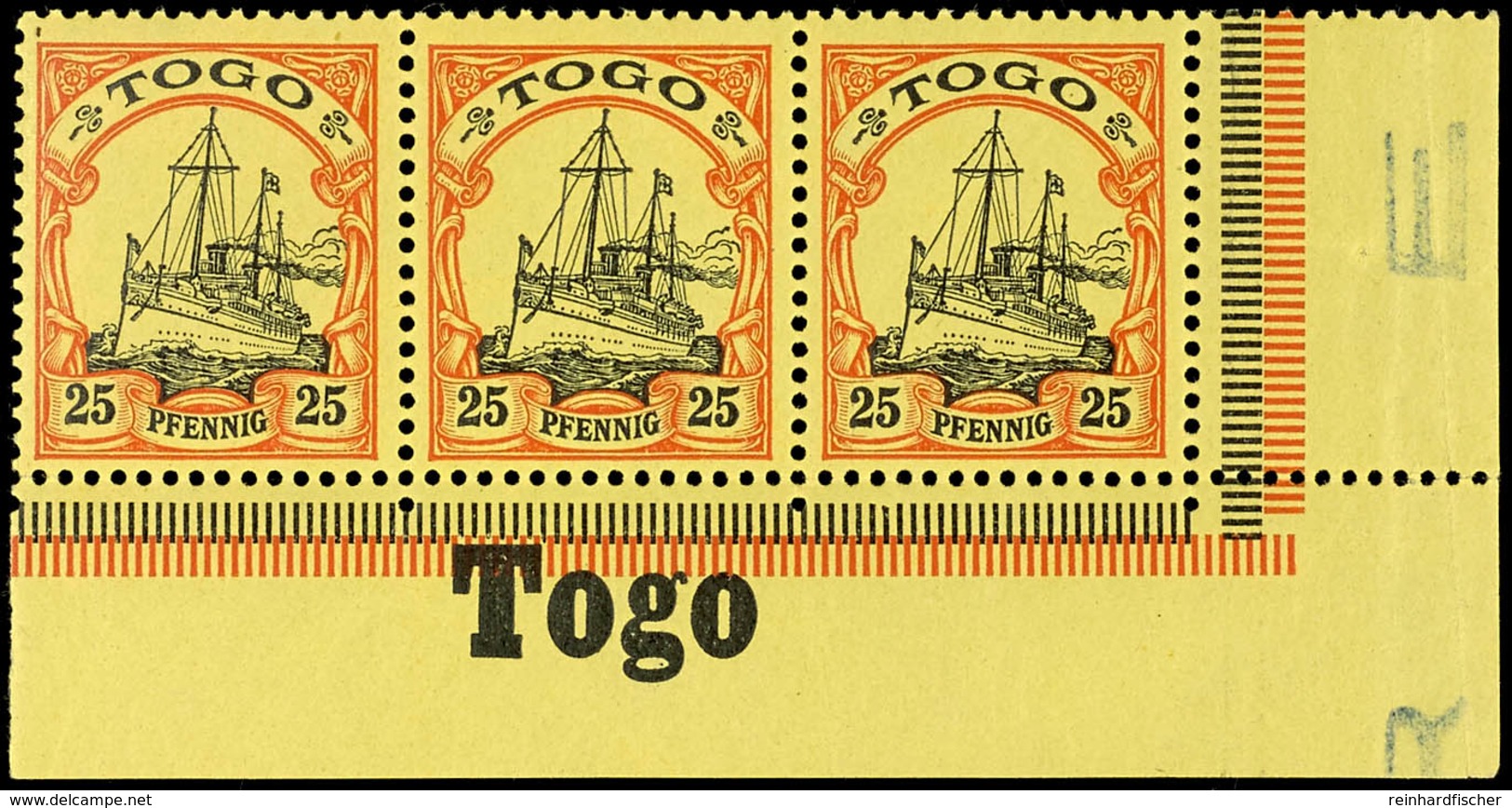 25 Pfg. Kaiseryacht, Waagerechter 3er -Streifen Aus Der Rechten Unteren Bogenecke, Im Unterrand Inschrift "Togo", Postfr - Togo