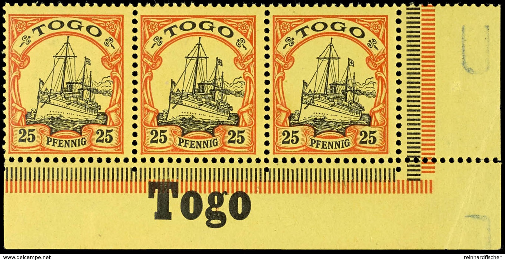 25 Pfg. Kaiseryacht, Waagerechter 3 Er - Streifen Aus Der Rechten Unteren Bogenecke, Unterrand Mit Inschrift "Togo", Pos - Togo