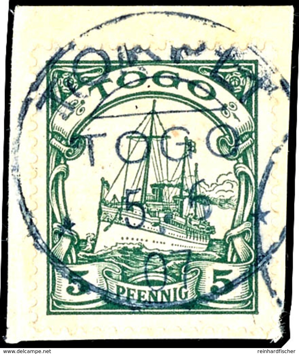 TOKPLI Blau Auf 5 Pfennig Grün, Tadelloses Briefstück Mit Blauem Stempel, Katalog: 8 BS - Togo