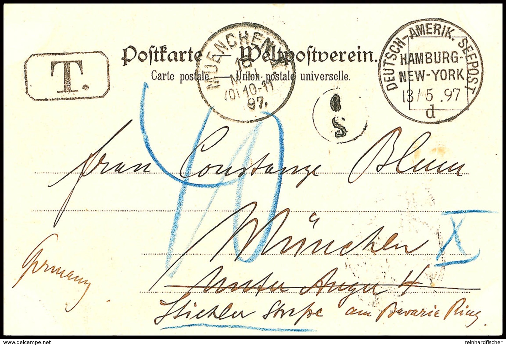 1897, DASP HAMBURG NEW-YORK 13.5.97 D, Glasklar Auf Unfrankierter AK "D. Fürst Bismarck) Mit Nachgebühr-Stempel Und Taxe - Andere & Zonder Classificatie