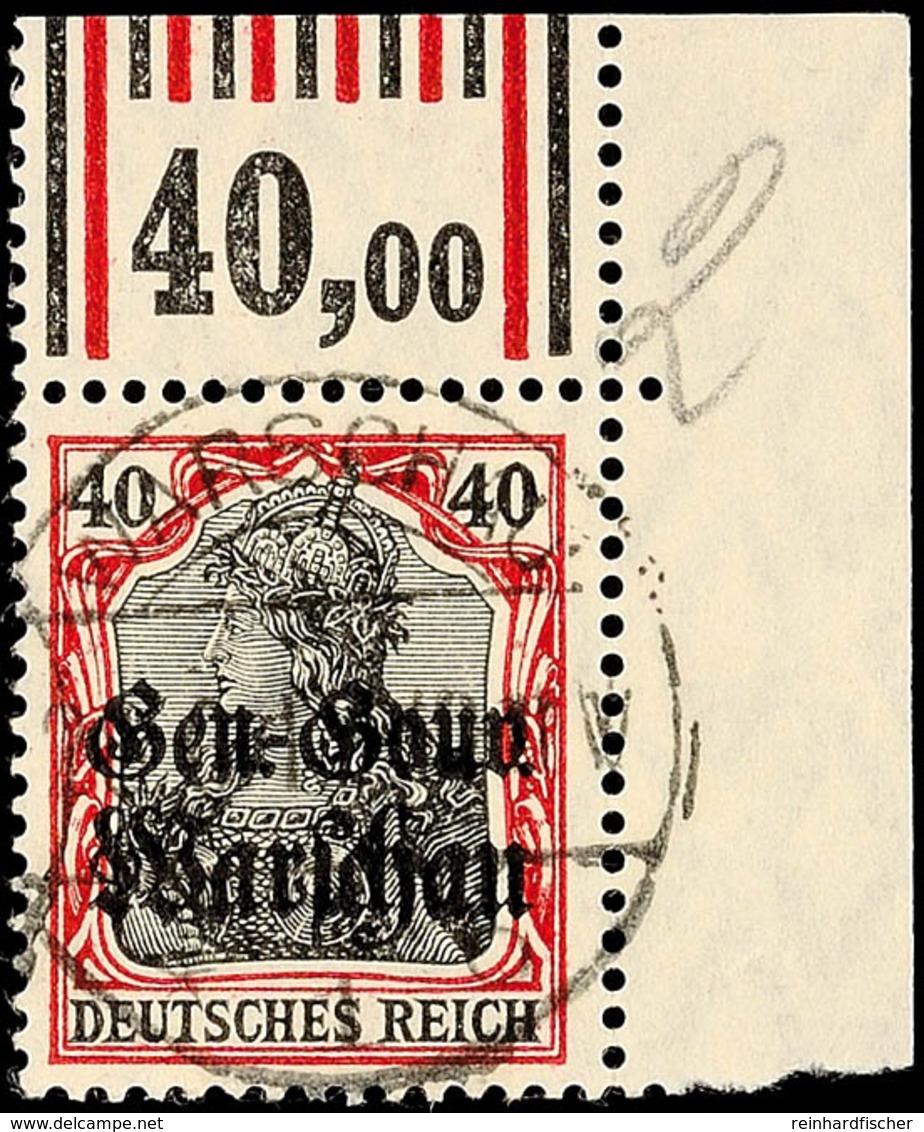 40 Pfg Germania Als Eckrandstück Oben Rechts (Feld 10) Mit Walzenoberrand 1'3'1/1'5'1, Tadellos Gestempelt, Geprüft Mit  - Andere & Zonder Classificatie