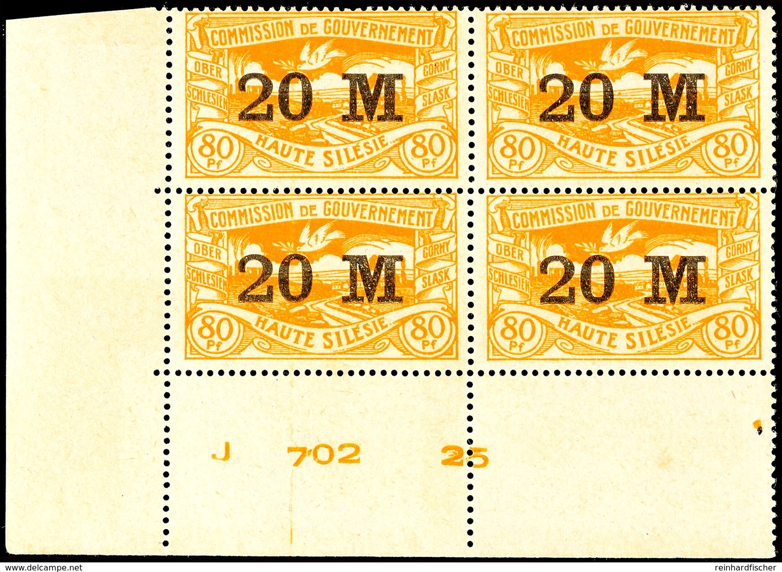 20 Mark Auf 80 Pfg. Gelblichorange Im Viererblock Aus Der Linken Unteren Bogenecke Mit Druckdatum "J 702 25", Postfrisch - Other & Unclassified