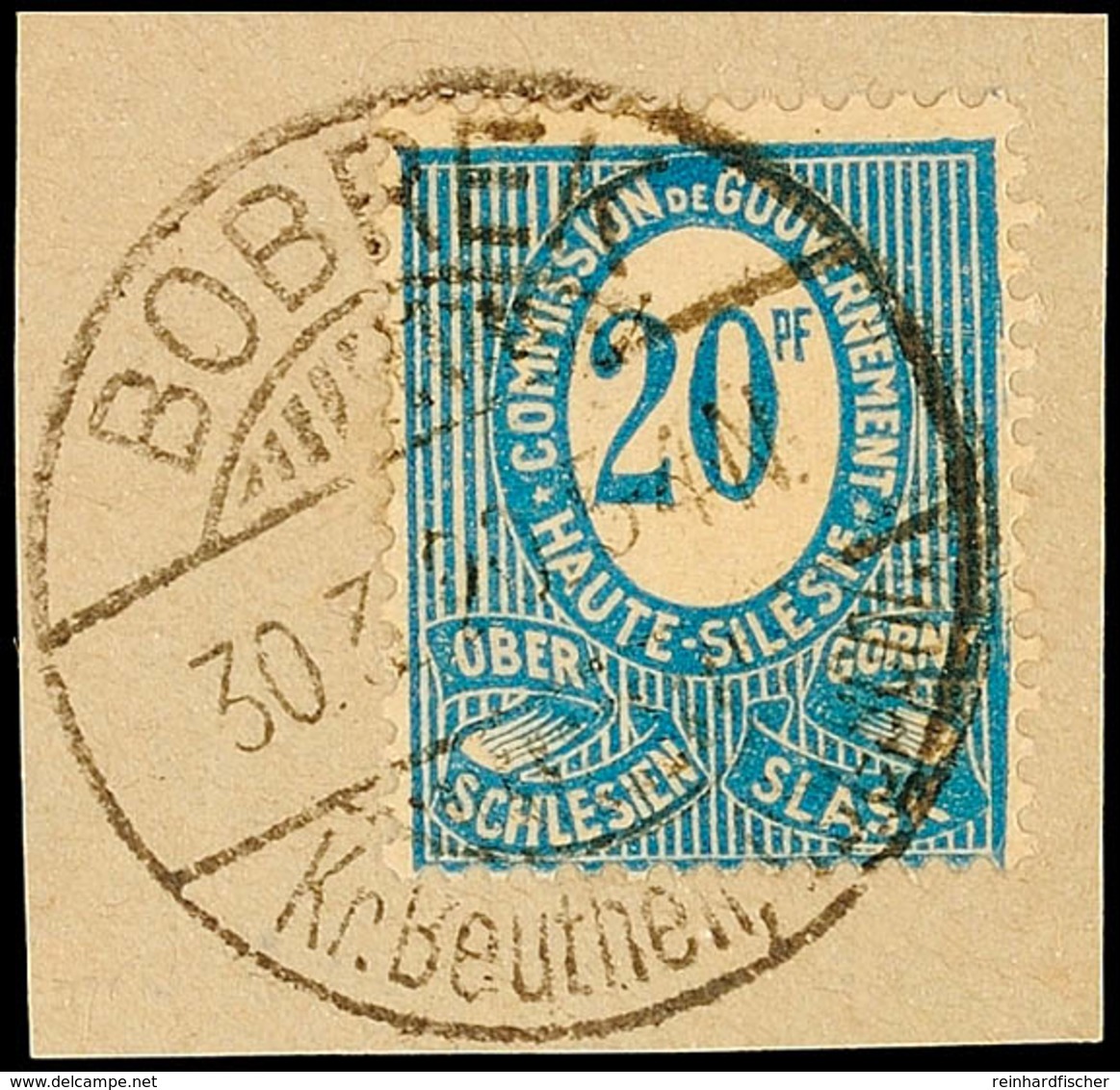 "BOBREK Kr. Beuthen, Oberschl. 30.3.20", Kreisgitterstegstempel, Auf Briefstück 20 Pfg Ziffer, Stempelbewertung 60 P., K - Andere & Zonder Classificatie