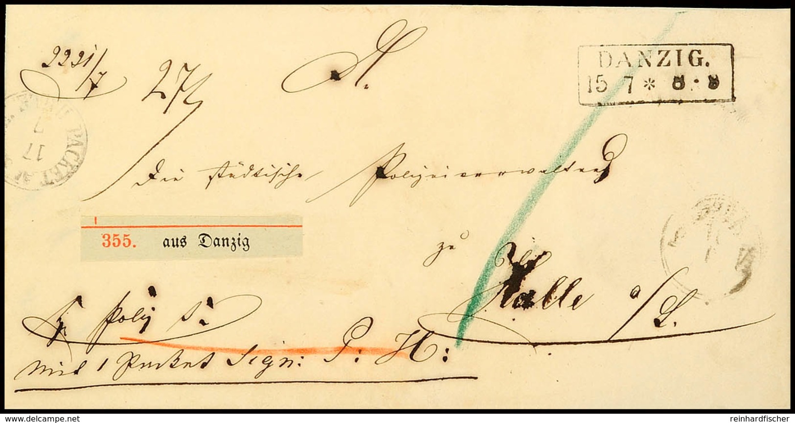 "DANZIG 15 7 (1862)" - Ra2, Klar Auf Paketbegleit-Dienstbrief Nebst Paketzettel Nach Halle A.S., Schöner Beleg  BF - Other & Unclassified