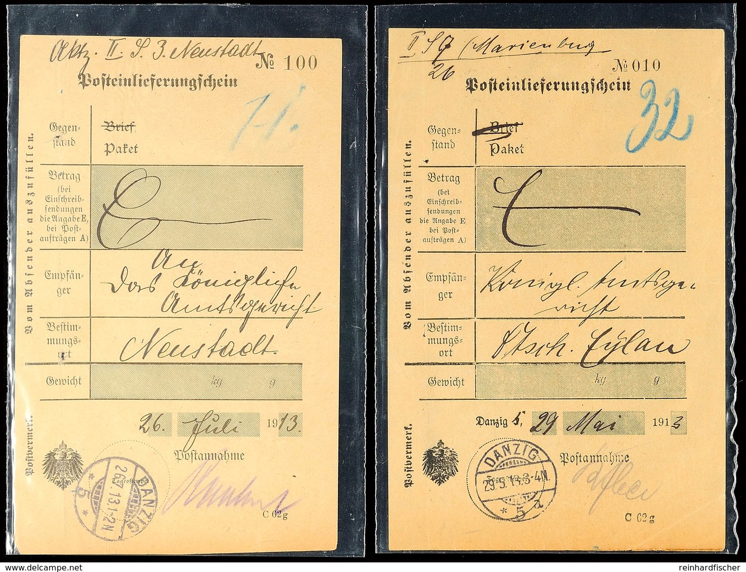 DANZIG *5* Und *5a, Klar Und Voll Auf 2 Posteinlieferungsscheinen Aus 1913  BF - Andere & Zonder Classificatie