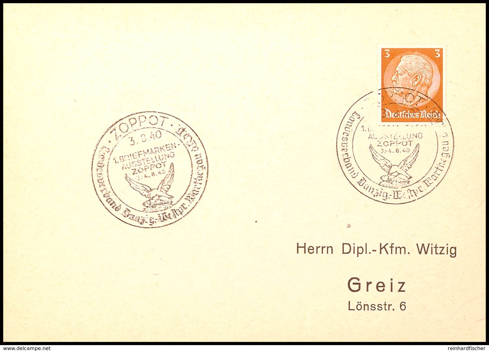 ZOPPOT -1. BRIEFMARKENAUSSTELLUNG 3.-4.8.40- 3.8.40, Sonderstempel Auf Blankokarte Mit 3 Pfg Hindenburg (DR), Katalog: D - Andere & Zonder Classificatie