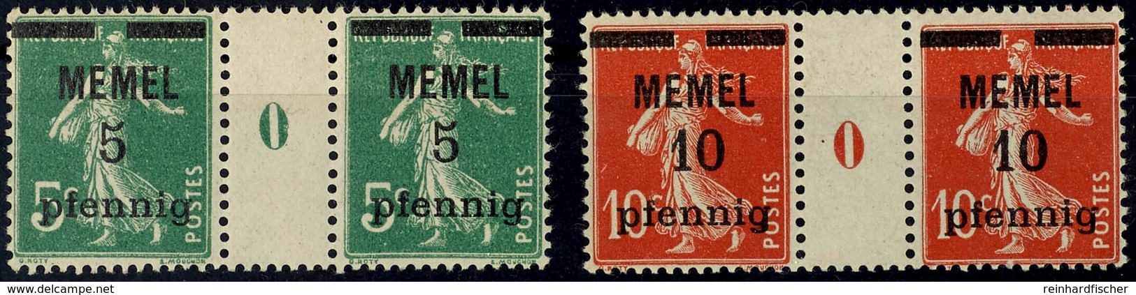 5 Pf A. 5 C. Säerin B-Farbe Und 10 Pf A. 10 C. Säerin Y-Papier, Zwei Postfrische Zwischenstegpaare Mit Ms "0", Je Gepr.  - Memelland 1923