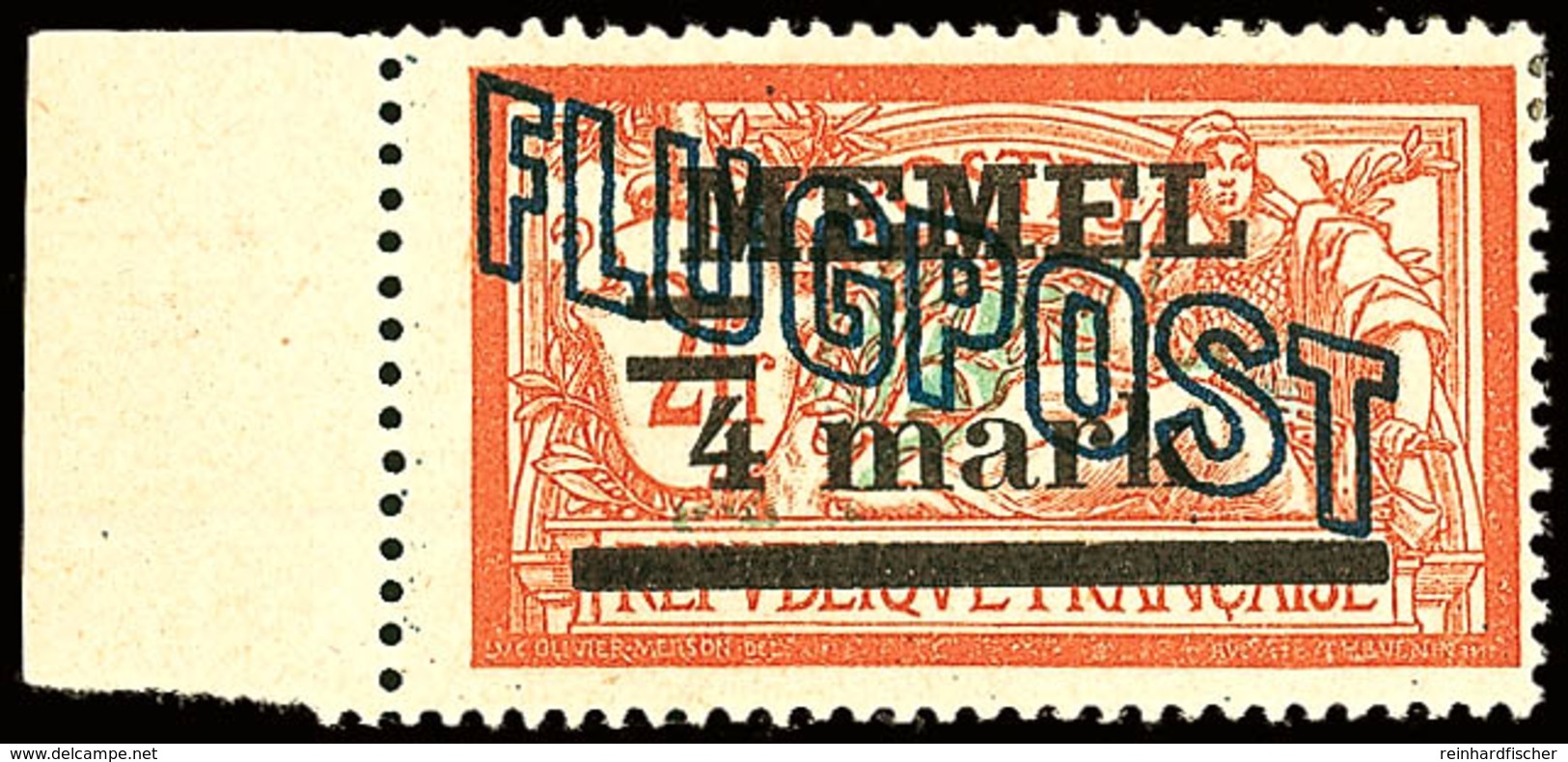 4 Mark Auf 2 Fr. Flugpostausgabe Mit Aufdruckfehler "Wertziffer 4 Verdickt", Ungebrauchtes Kabinettstück, Gepr. Klein BP - Memelland 1923