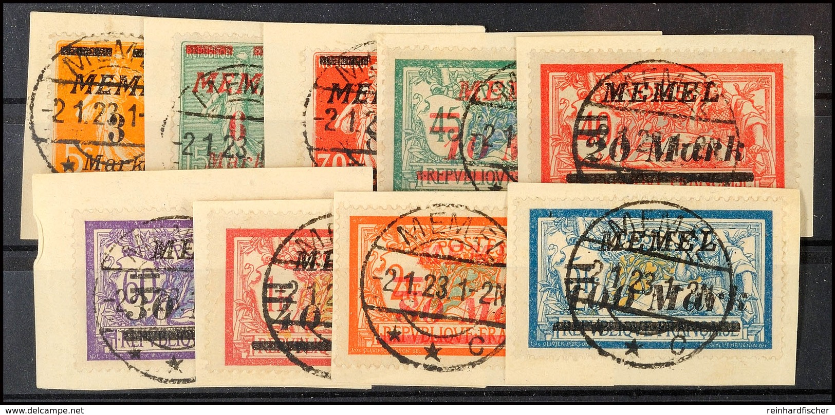 3 M. Auf 5 C.  Bis 100 M. Auf 5 Fr., Tadellos Gestempelt Auf Briefstücken, Mi. 80.-, Katalog: 110/18 BS - Memelland 1923