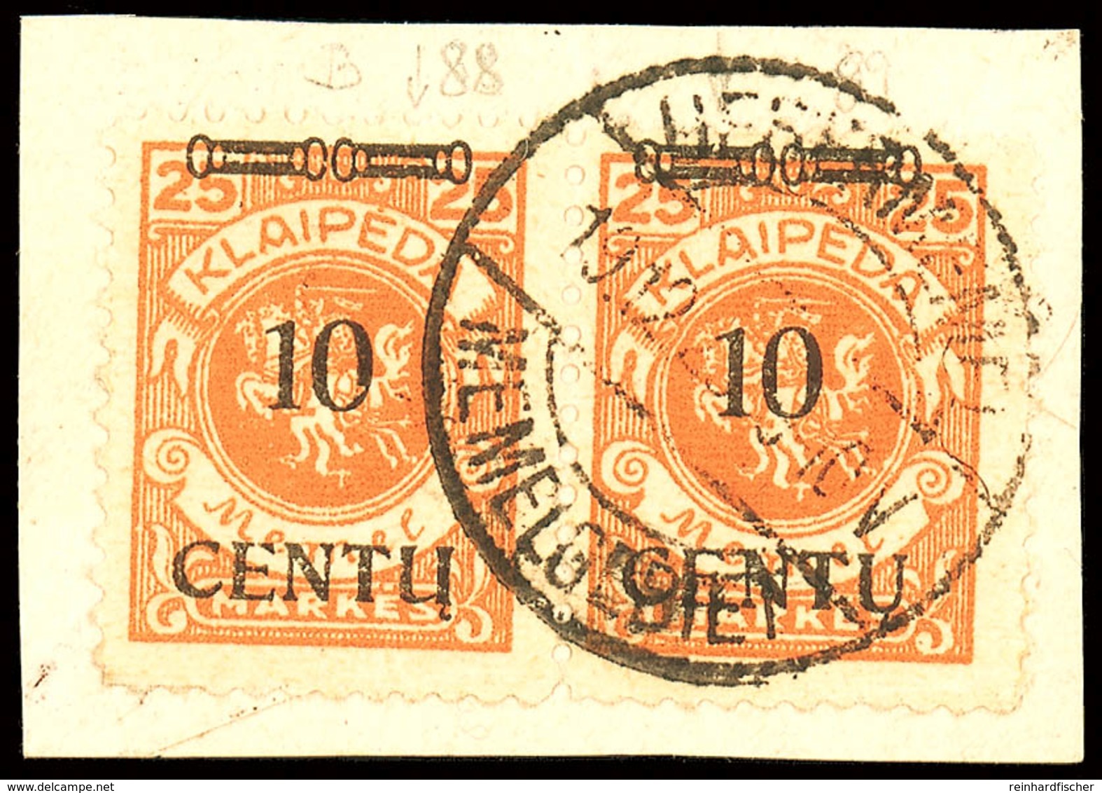 10 C. Auf 25 M Im Waagerechten Typenpaar (BI/AI) Auf Kabinett-Briefstück Mit Dt. Stempel, 1 Wert Mit Klebefalte, Geprüft - Memelland 1923