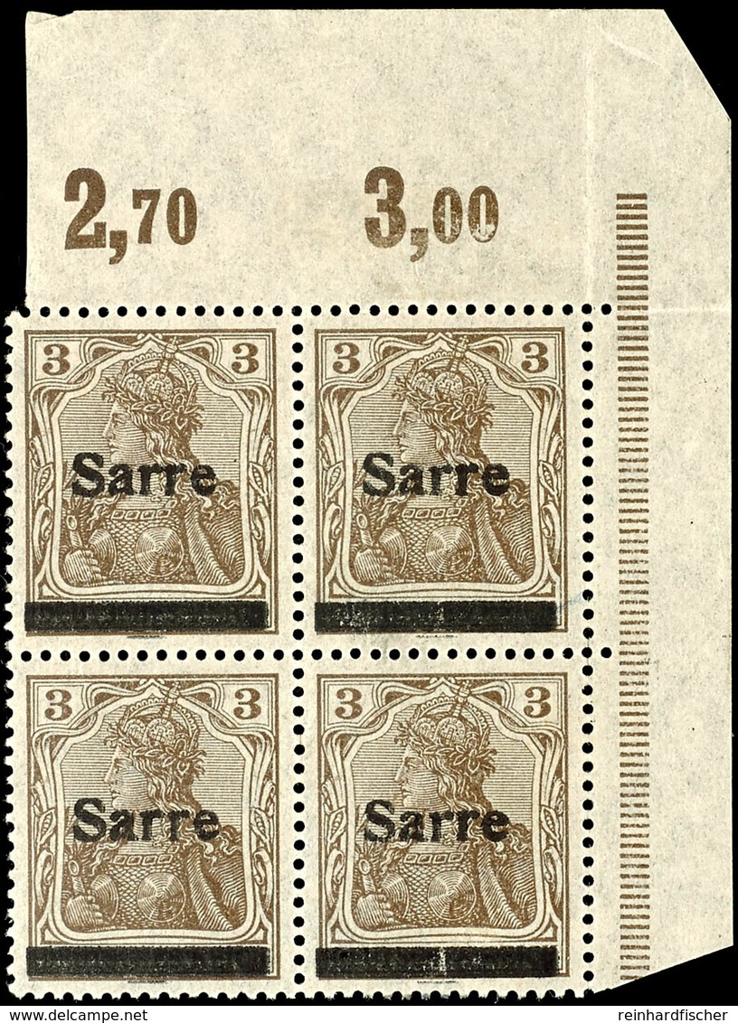 3 Pfg Germania Mit Aufdruck "Sarre" In Type II, Viererblock Vom Eckrand Oben Rechts (Feld 9/10 Und 19/20), Bogenränder V - Other & Unclassified