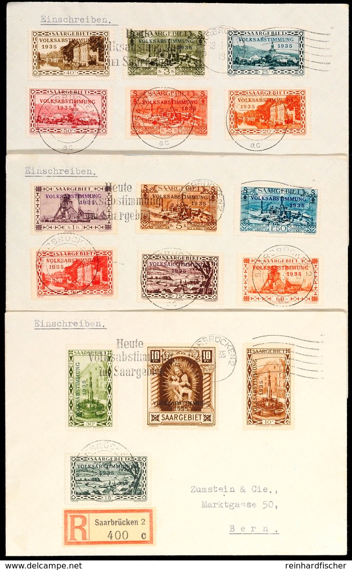 10 C. Bis 10 Fr.Volksabstimmung Komplett Auf 3 R-Umschlägen Mit Maschinen-Stempel  Bzw. Tagestempel SAARBRÜCKEN 13.1.35  - Andere & Zonder Classificatie