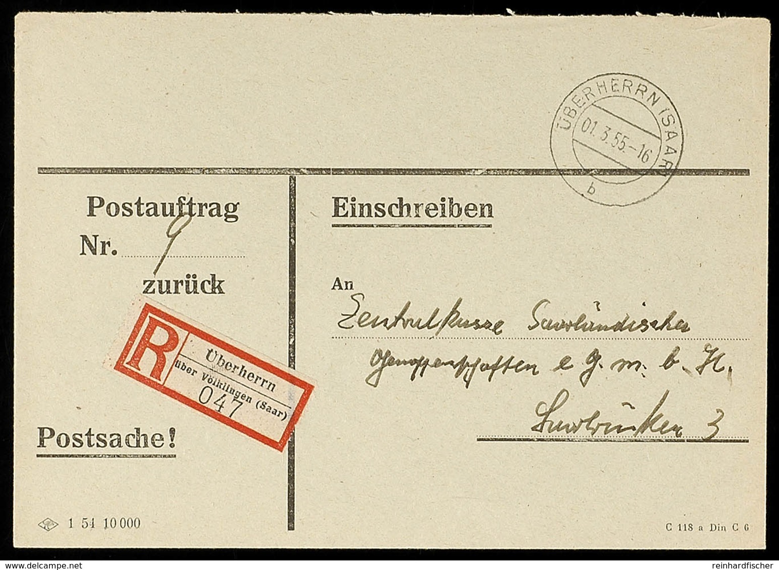 1955, Einschreiben-Vordruckbrief "Postauftrag Zurück" Als Postsache Aus ÜBERHERRN 1.3. Nach Saarbrücken, Ak.-Stempel  BF - Andere & Zonder Classificatie