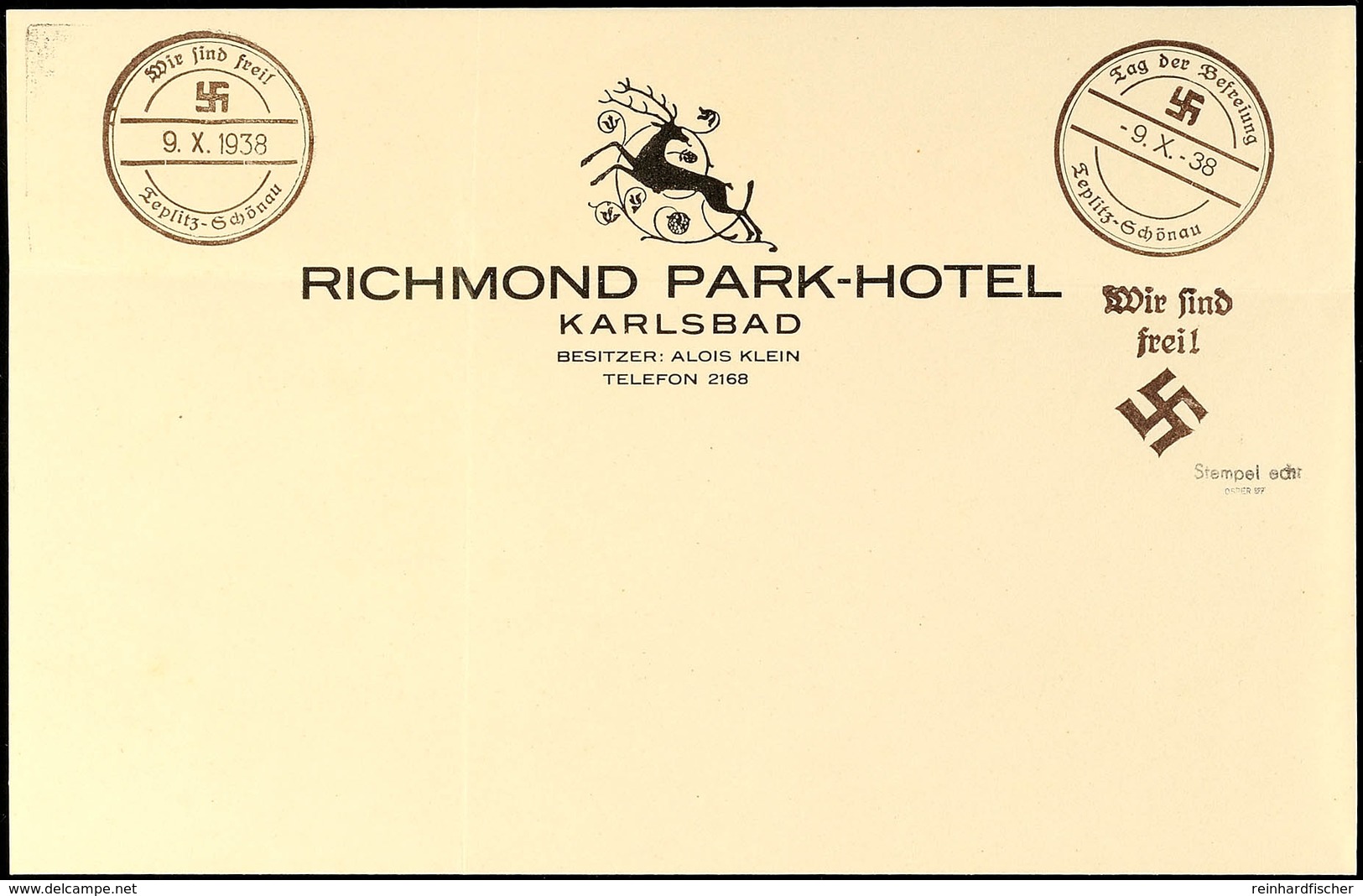 1938, Briefpapier Des Richmond Park-Hotels In Karlsbad Mit Privatem Handstempel-Aufdruck "Wir Sind Frei! + Hakenkreuz" U - Other & Unclassified