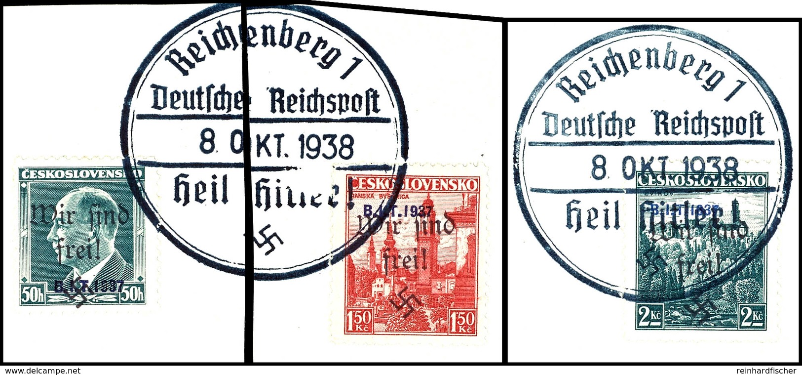 50 H. Bis 2 Kc. "B.I.T 1937" Je Mit Handstempelaufdruck "Wir Sind Frei! + Hakenkreuz", Kompletter Satz Zu Drei Werten, T - Other & Unclassified