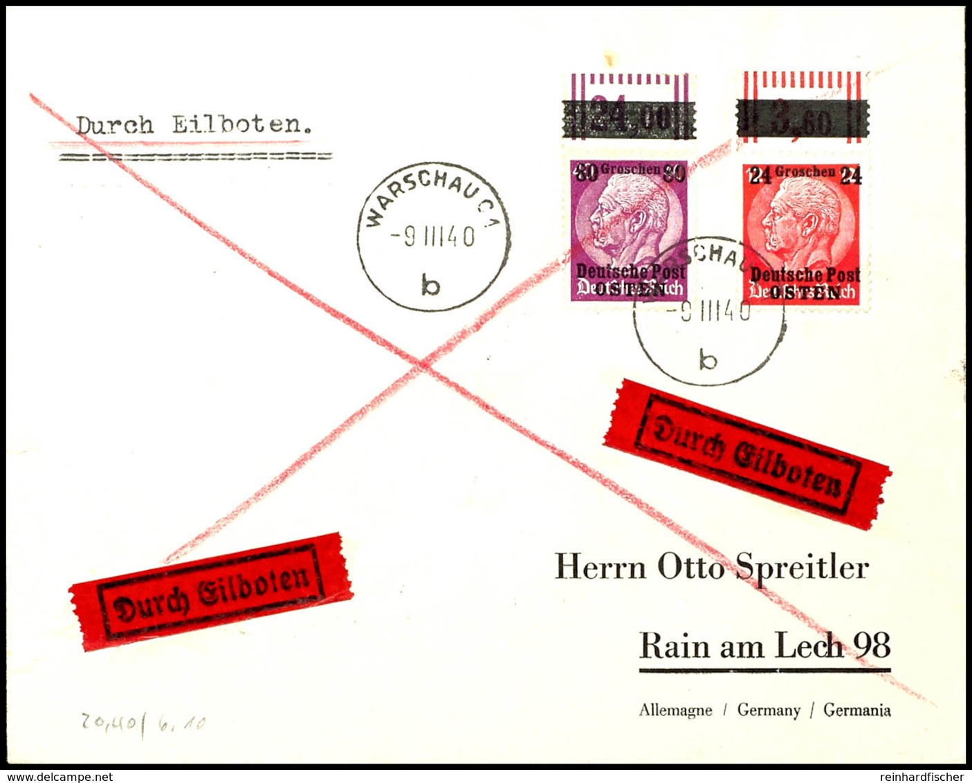 24 Und 80 Pfg Hindenburg, Je Walzendruck-Oberrandstück, Auf Portogerechtem Expressbrief, Gestempelt "WARSCHAU 9 III 40"  - Andere & Zonder Classificatie