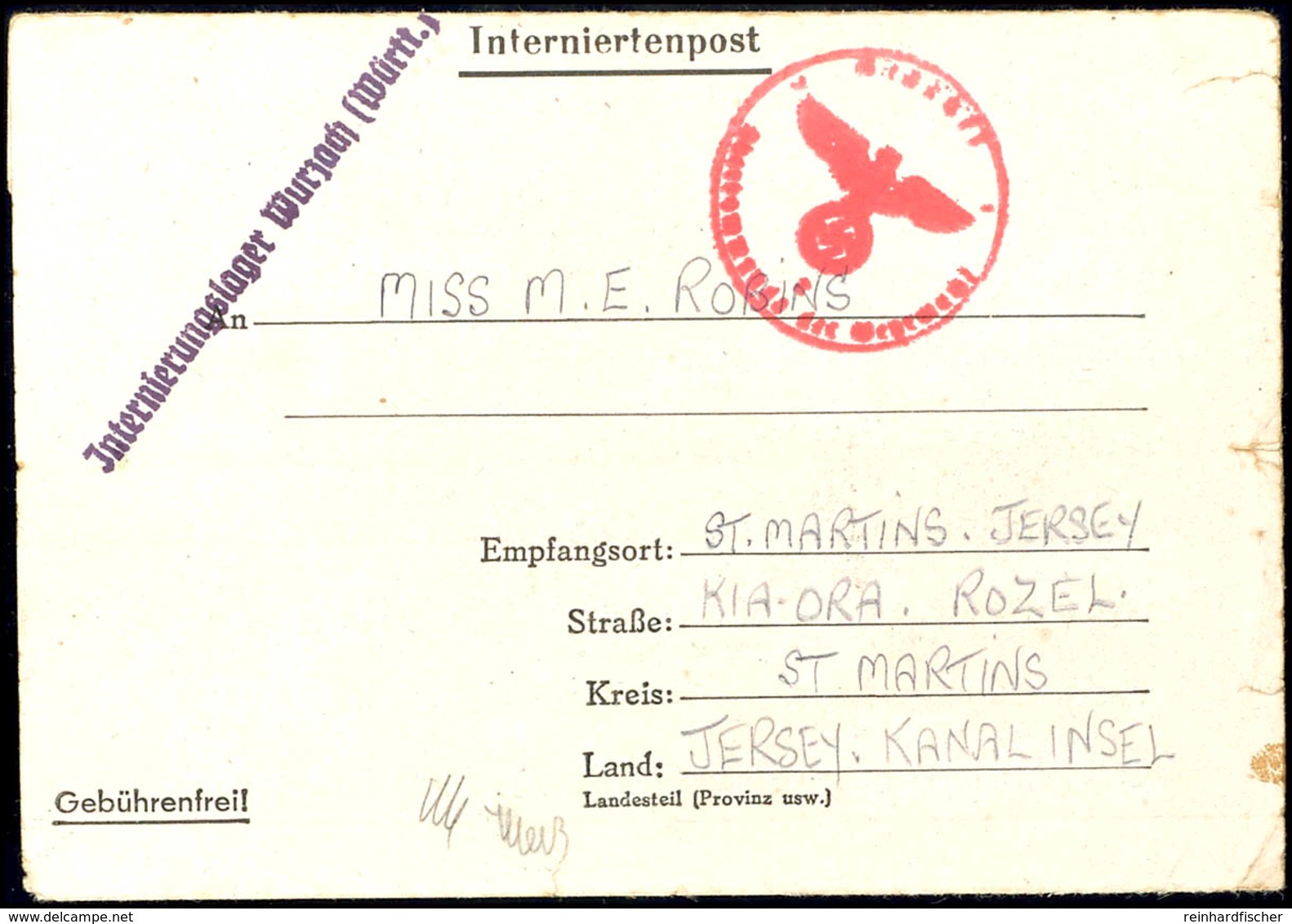 INCOMING MAIL: 11.07.43, Formbrief Einer Internierten Des Lagers Wurzach/Allgäu Nach St. Martins/Jersey Mit Zensurstempe - Other & Unclassified