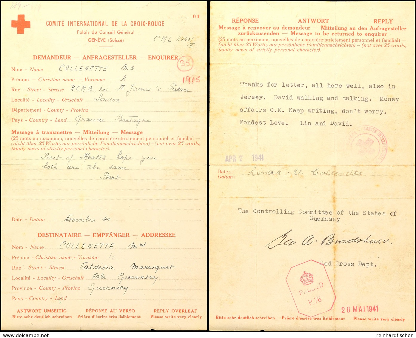 Nachrichtenübermittlung Vom November 1940 Auf Formular Des Internationalen Roten Kreuzes Aus England Nach Guernsey Und Z - Tweede Wereldoorlog