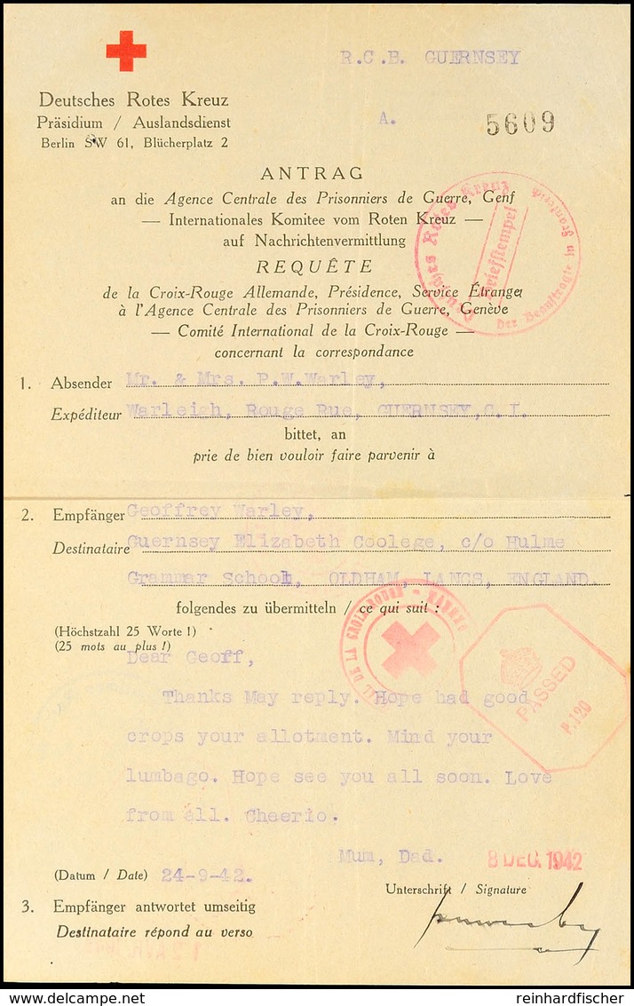 Nachrichtenübermittlung Vom 24.9.42 Auf Formular Vom Deutschen Roten Kreuz Von Guernsey Nach England Und Zurück Mit Antw - Tweede Wereldoorlog