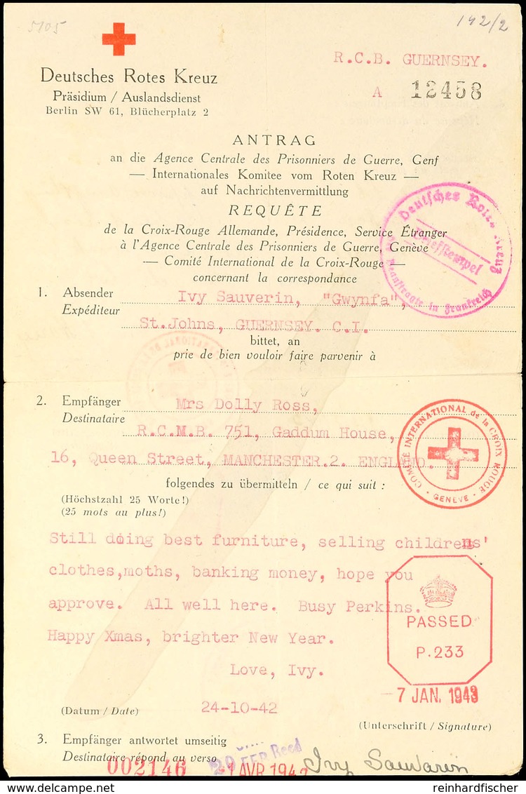 Nachrichtenübermittlung Vom 24.10.42 Auf Formular Vom Deutschen Roten Kreuz Von Guernsey Nach England Und Zurück Mit Ant - WW2