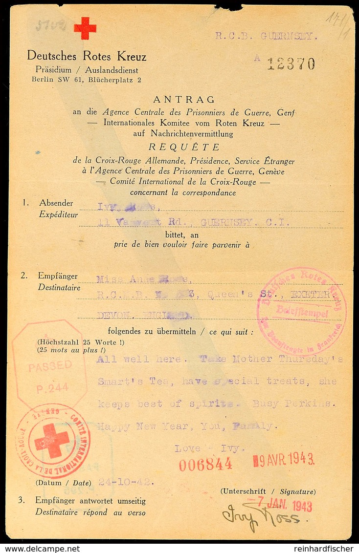 Nachrichtenübermittlung Vom 24.10.42 Auf Formular Vom Deutschen Roten Kreuz Von Guernsey Nach England Und Zurück Mit Ant - Tweede Wereldoorlog