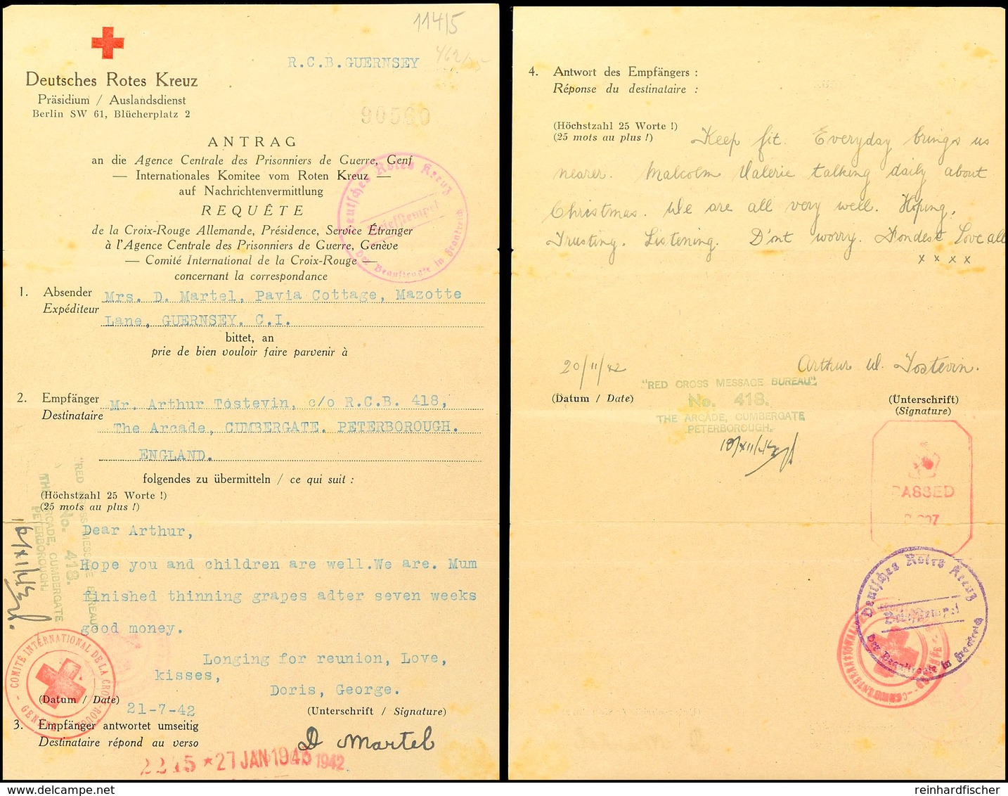 Nachrichtenübermittlung Vom 21.7.42 Auf Formular Vom Deutschen Roten Kreuz Von Guernsey Nach England Und Zurück Mit Antw - Tweede Wereldoorlog