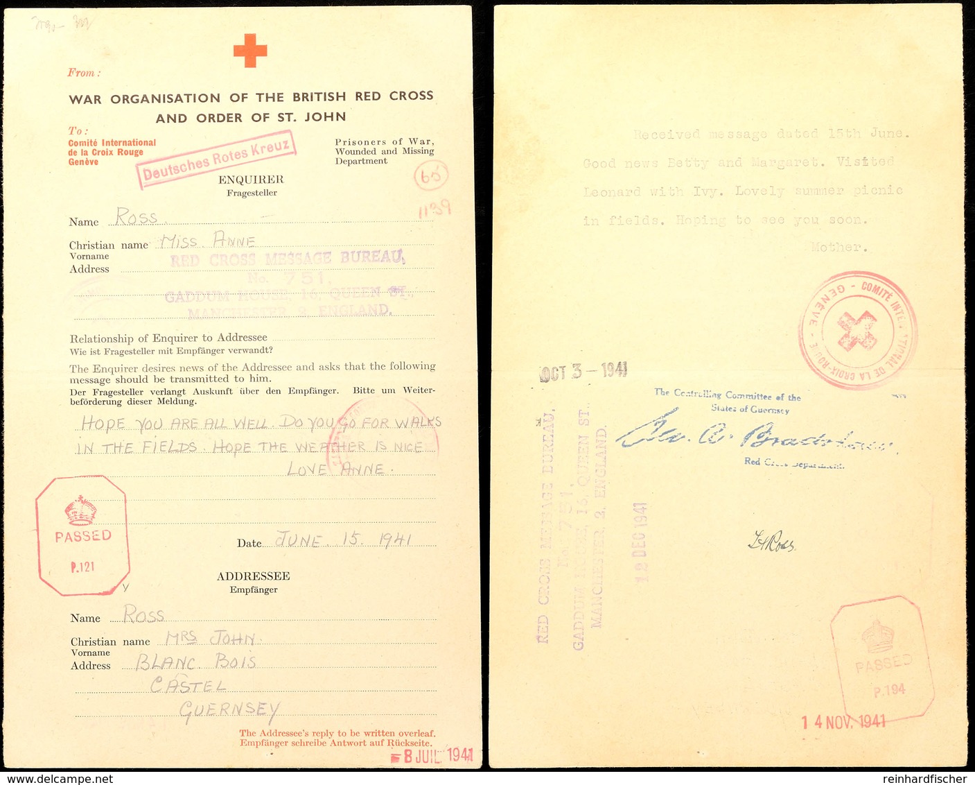 Nachrichtenübermittlung Vom 15.6.41 Auf Formular Vom Britischen Roten Kreuz Von England Nach Guernsey Und Zurück Mit Ant - Tweede Wereldoorlog