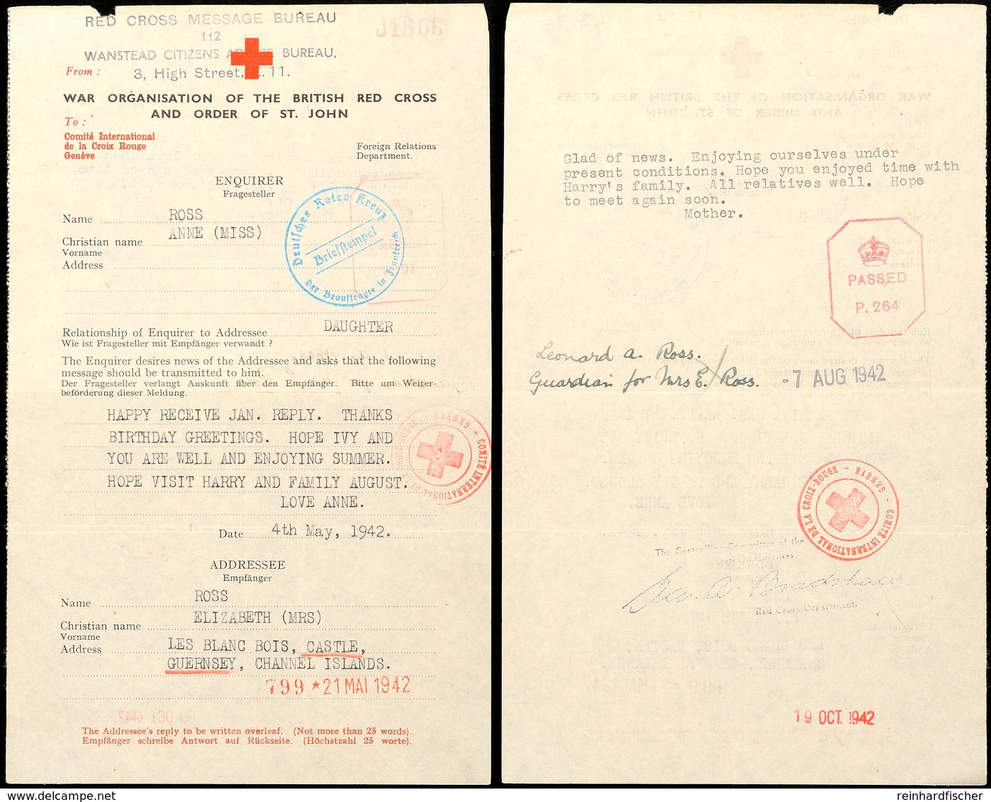 Nachrichtenübermittlung Vom 4.5.42 Auf Formular Vom Britischen Roten Kreuz Von England Nach Guernsey Und Zurück Mit Antw - Tweede Wereldoorlog