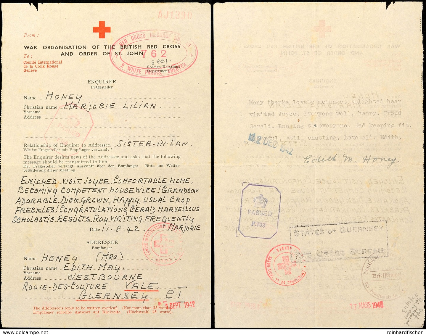 Nachrichtenübermittlung Vom 11.8.42 Auf Formular Vom Britischen Roten Kreuz Von England Nach Guernsey Und Zurück Mit Ant - Tweede Wereldoorlog
