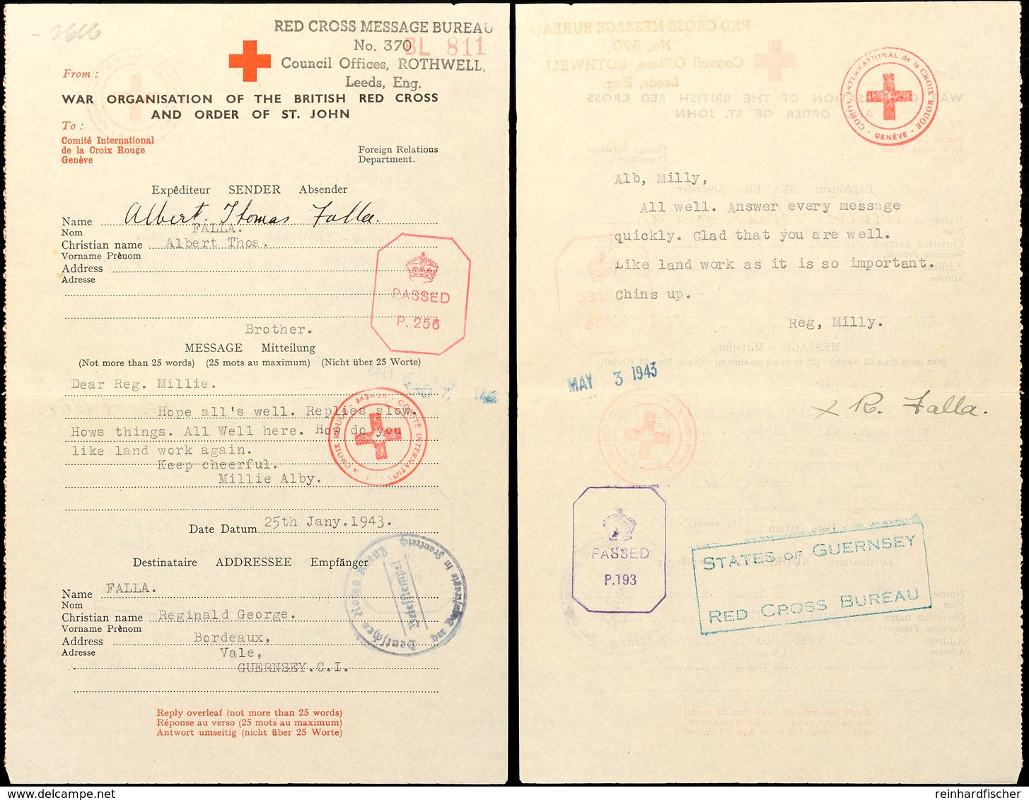 Nachrichtenübermittlung Vom 25.1.43 Auf Formular Vom Britischen Roten Kreuz Von England Nach Guernsey Und Zurück Mit Ant - Tweede Wereldoorlog