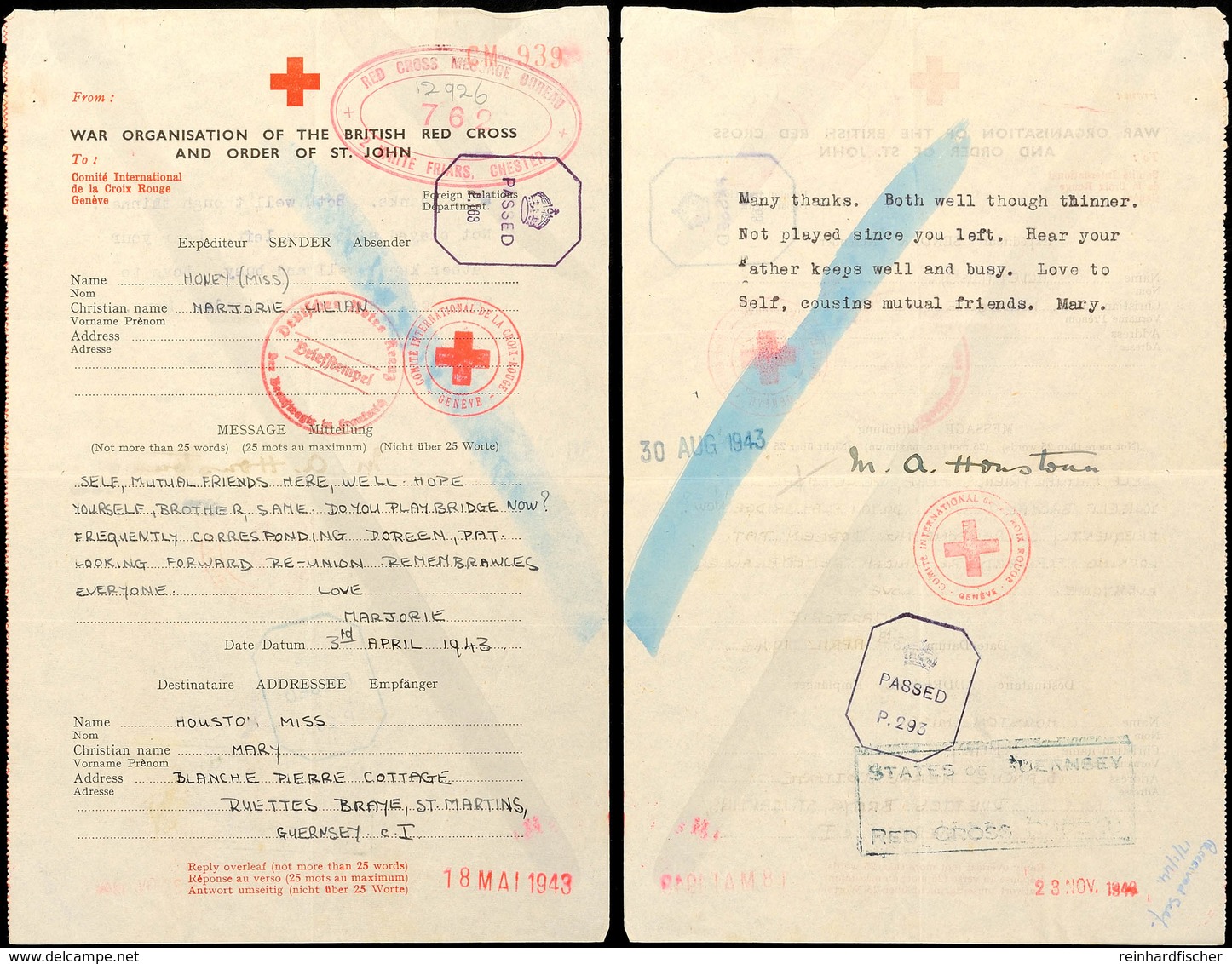 Nachrichtenübermittlung Vom 3.4.43 Auf Formular Vom Britischen Roten Kreuz Von England Nach Guernsey Und Zurück Mit Antw - Tweede Wereldoorlog