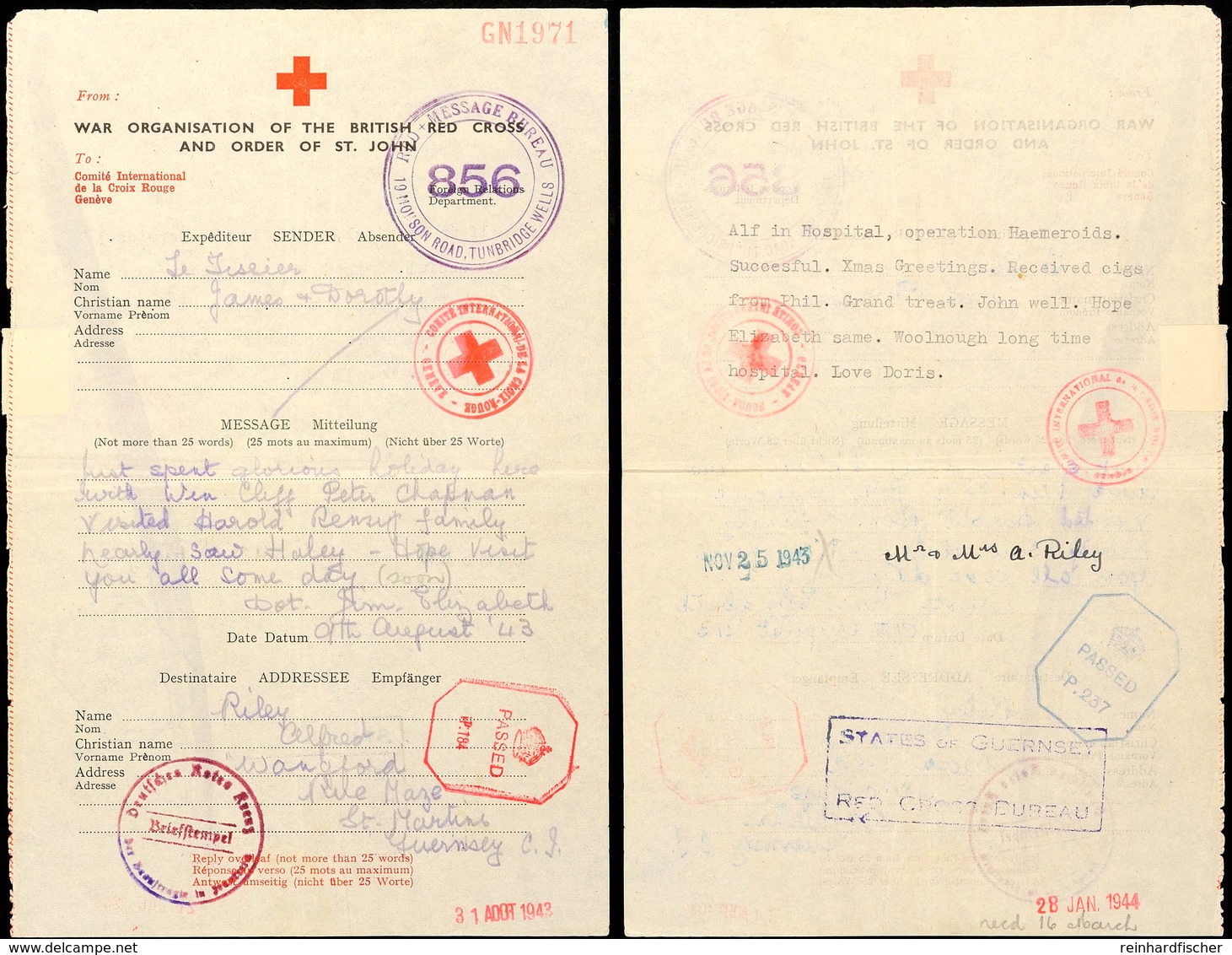 Nachrichtenübermittlung Vom 9.8.43 Auf Formular Vom Britischen Roten Kreuz Von England Nach Guernsey Und Zurück Mit Antw - Tweede Wereldoorlog