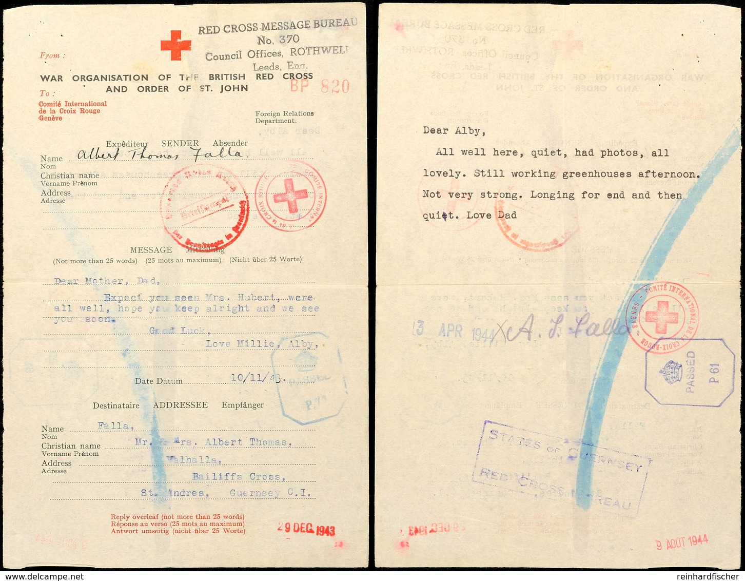 Nachrichtenübermittlung Vom 10.11.43 Auf Formular Vom Britischen Roten Kreuz Von England Nach Guernsey Und Zurück Mit An - Tweede Wereldoorlog