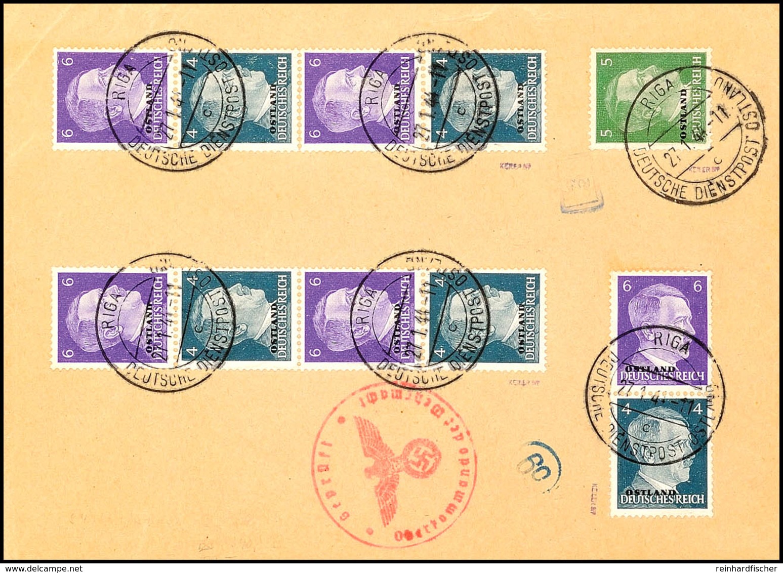 6+4 Pf. Hitler 1941, 5 Zusammendrucke Aus Automatenrollen (je 2 Als 4er-Streifen) Auf Briefteil Von RIGA 27.1.44 DEUTSCH - Other & Unclassified