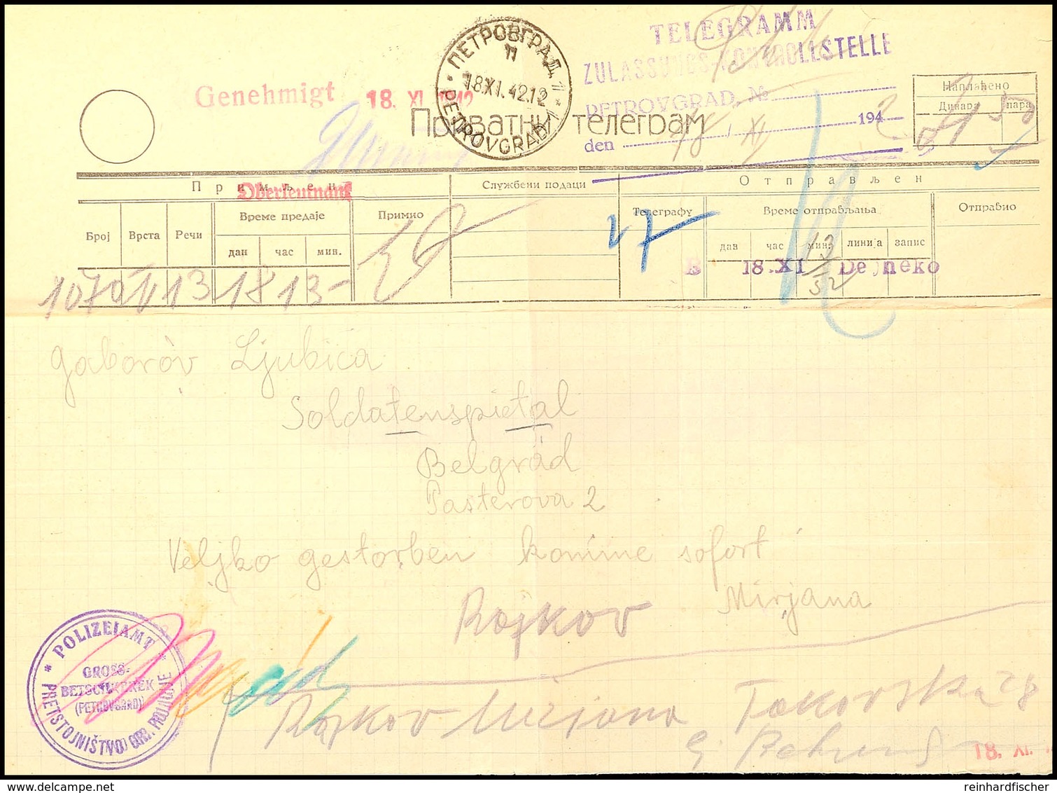 1942, Telegramm Von "PETROVGRAD 18.11.42" Nach Belgrad Mit Allen Stempeln Und Vermerken, Gefaltet Und Kl. Einrisse  BF - Andere & Zonder Classificatie