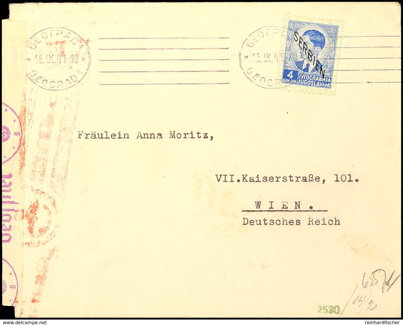 Einzelfrankatur über 4 Din. Auf Portogerechtem Auslandsbrief Nach Wien Mit Maschinen-Stpl. BEOGRAD 1 Vom 16.11.41 Sowie  - WW2