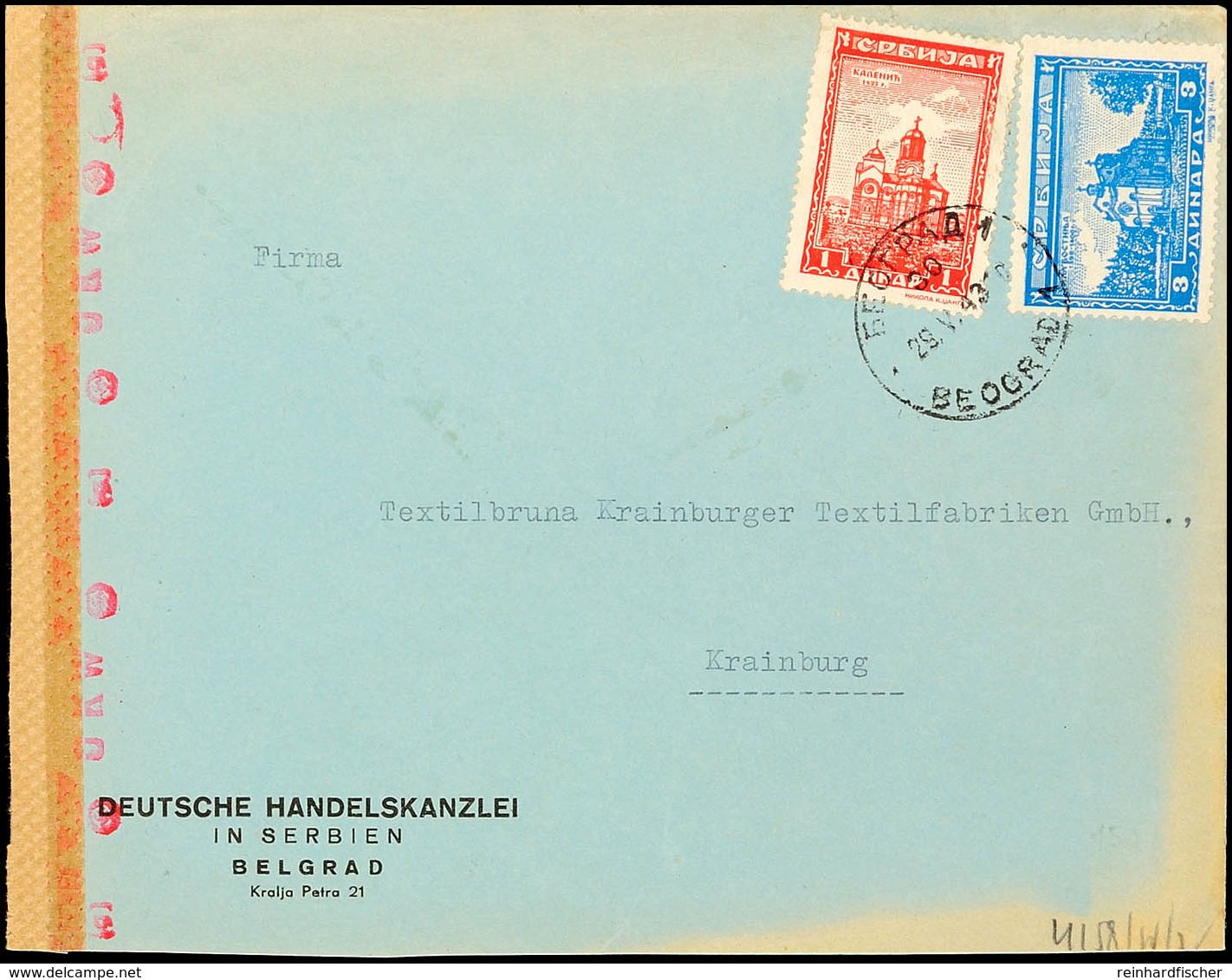 Mischfrankatur Aus 1 Din. Mit 3 Din. Auf Portogerechtem Auslandsbrief Nach Krainburg Mit Aufgabe-Stpl. BEOGRAD 1/30 Vom  - WW2